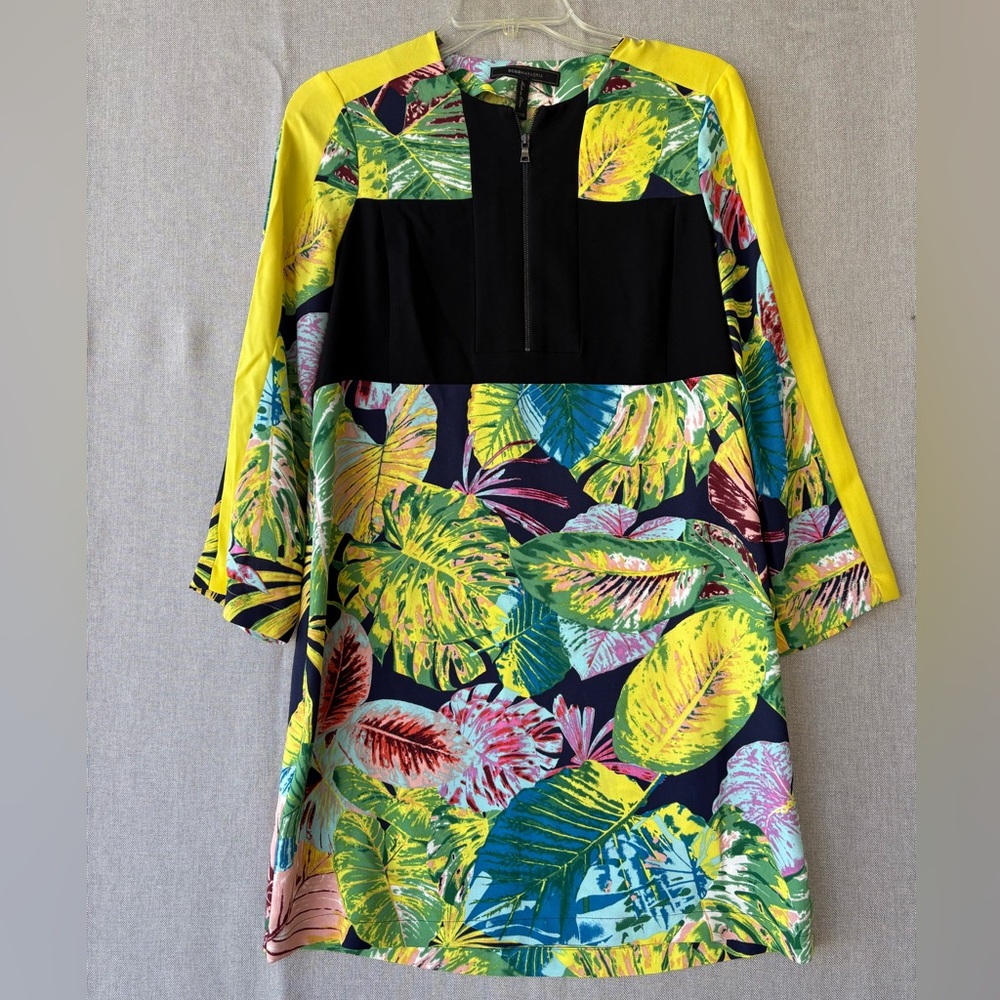 BCBG Gabryelle Tropical Leaf color block Print Shift Dress Yellow Accents XXS